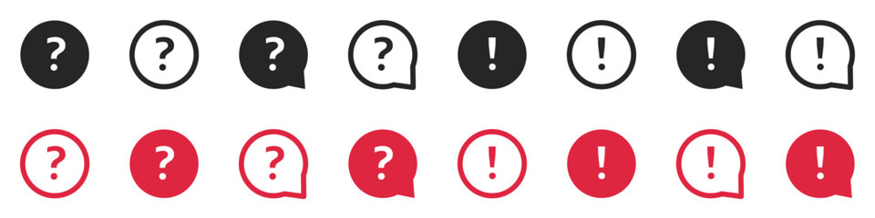 Set of question mark and exclamation mark icons. FAQ signs, help. Help speech bubble sign, vector.