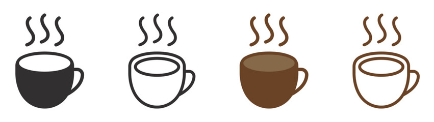 Set of coffee cup icons. Caffeine drink, vector cups with coffee. Cup coffee with steam, coffee or tea. Vector.