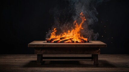 wooden table with fire burning at the edge