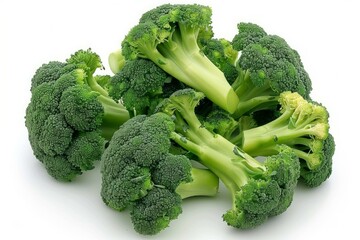 Fresh green broccoli florets resting on white background