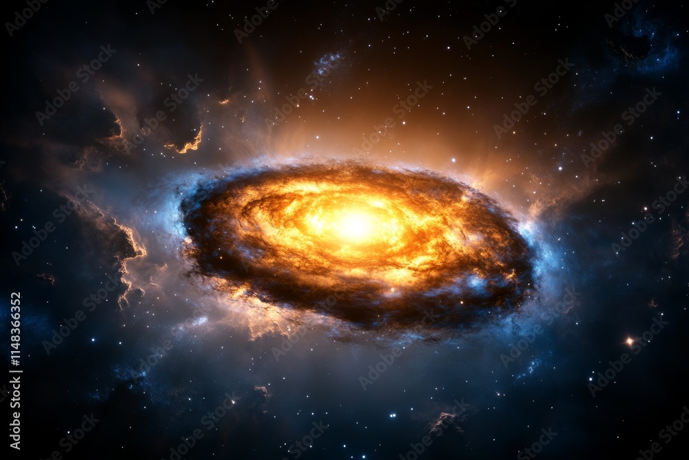 Poster a gothic depiction of a galaxy with dark, shadowy tones and an ominous glowing core surrounded by fa