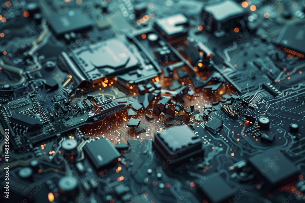 Poster exploding circuit board showing data flow and technology