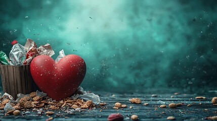 Fototapeta premium Gloomy Heart Lying Amidst Wrappers and Empty Snack Bags A Poignant Depiction of Emotional and Unhealthy Coping Mechanisms