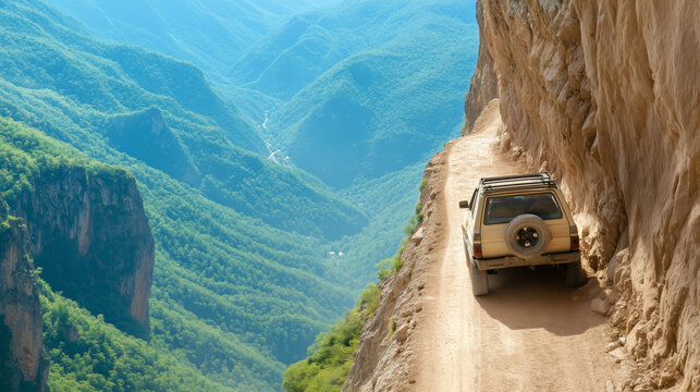 Driving along a narrow mountain road overlooking a deep valley - Powered by Adobe