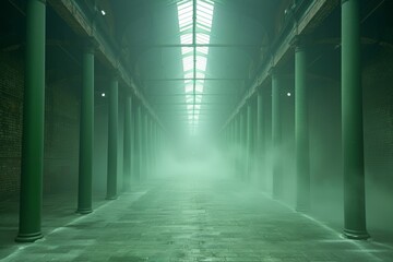 Mysterious fog fills an industrial corridor during early evening