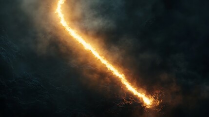 Fiery streak cuts dark sky.