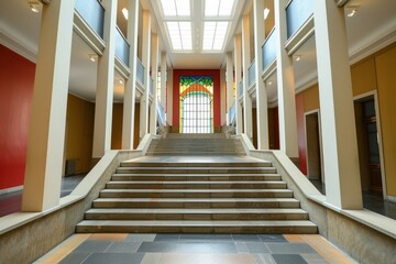 Obraz premium Large staircase leading to stained glass window in modern building