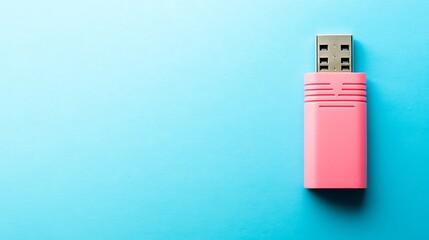Pink usb drive on blue.