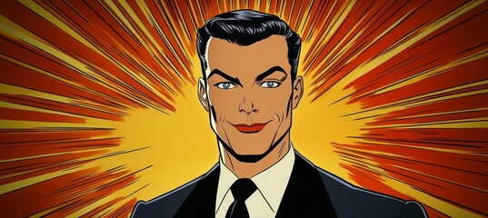Confident Smiling Businessman Comic Book Style Portrait Against a Red Burst Background