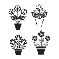 Vector black silhouettes of flowers isolated on a white background. Beautiful flower vase flower pot silhouette vector illustration isolated on a white background flower vector set