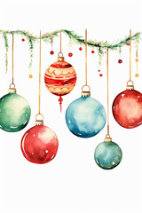 christmas tree balls on white background illustrated watercolor art