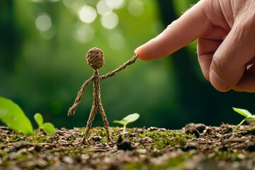 A Hand Reaches Out to a Tiny Wire Figure in a Lush Forest Setting, Symbolizing Connection, Care, and the Bond Between Nature and Humanity