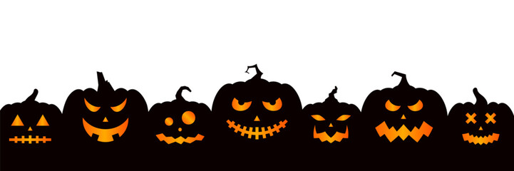 Black silhouette of Halloween pumpkins on a white background. Halloween pumpkins with scary and funny faces. Scary faces and ghosts for Halloween greeting cards, invitations, and web banners. Vector