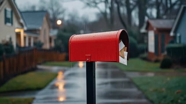 Bright Red Mailbox with Letters Sticking Out on a Rainy Day in a Quiet Neighborhood, Houses in the Background, Soft Lighting and Reflections on the Wet Pavement