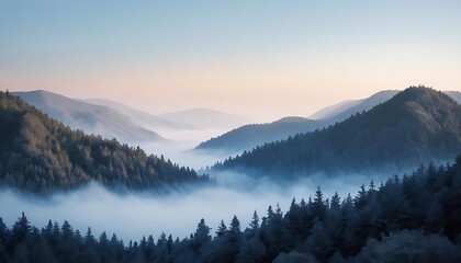 Obraz premium Misty Mountain Valley Sunrise Forest Scene
