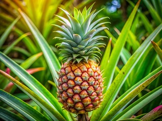 Fototapeta premium Stunning Pineapple Plant Photography: Close-up Images of Pineapple Trees, Tropical Fruit, Exotic Plants, Hawaiian Pineapple, Pineapple Leaves, Summer Fruit, Pineapple Plantation