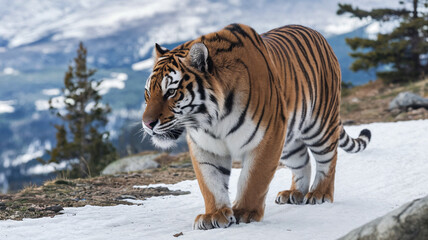 Obraz premium Majestic Amur Tiger in Snow on Mountain Peak, Capturing the Power and Beauty of Nature