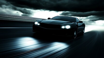 Fototapeta premium Black car speeds on dark road.