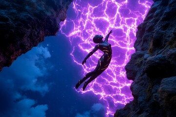 A lone astronaut floating in space, gazing at a breathtaking galaxy glowing with vibrant hues of purple and gold