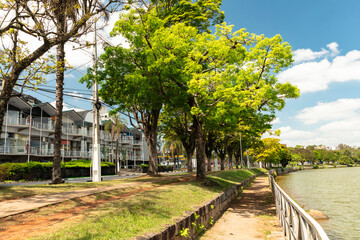 View of the famous Taboao lake on a sunny day in the Brazilian summer, in the city of Bragança Paulista, Brazil, a tourist town known in the inland of Sao Paulo