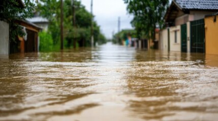 Obraz premium A flooded street with submerged houses and greenery, illustrating the impact of heavy rainfall and water accumulation.