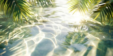 Obraz premium Sunlight Dances on Water, Palm Leaves Reflecting, Serene Tropical Scene, Tranquil Oasis, Summer Vibes