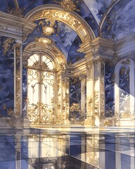 Ornate gold doorway stands in a grand marble palace.