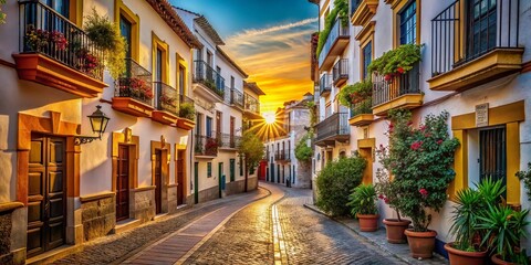 Fototapeta premium Stunning Spanish Architecture: Kstenstrae Street Views, Andalusian Buildings, Mediterranean Homes, Scenic Streetscapes, Cobblestone Streets, Spanish Architecture Photography