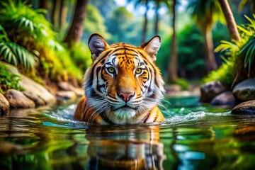 Stunning Tiger in Water, Tilt-Shift Miniature Photography, AI Generated Image, Wildlife Art