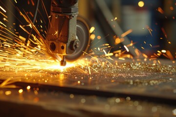 Industrial laser cutter creating sparks while cutting metal sheet