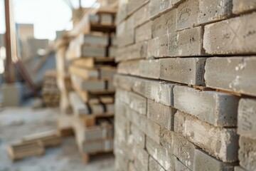 Stack of concrete bricks forming a wall in construction site