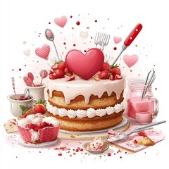 Cheerful cartoon heart character decorating a bright colorful cake surrounded by various baking tools and supplies creating a fun festive culinary arts concept