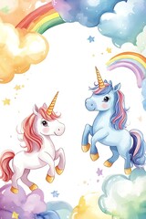 Obraz premium Charming unicorns play among magical clouds and rainbows in a whimsical fantasy world of colorful imagination