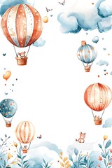Obraz premium Whimsical adventures in the sky cute animals floating in hot air balloons surrounded by dreamy clouds and nature