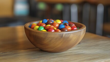 Candies in wooden bowl.