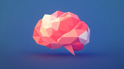 Low-poly brain, speech bubble, blue background, idea concept, digital art.