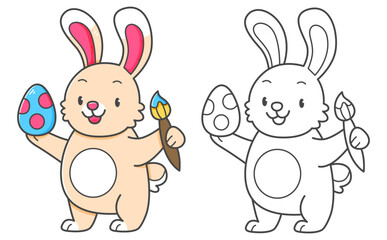 Fototapeta premium Rabbit with Easter egg coloring book with coloring example for kids. Coloring page with cute bunny. Black and white and color version. Vector children's illustration.