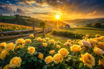Naklejka premium Stunning Yellow Rose Landscape Photography: Fields of Golden Blooms, Sunrise, Sunset, Blooming Roses