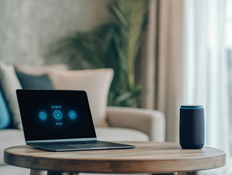 Moderne Arbeitsumgebung mit Laptop und Smart Speaker auf einem Holztisch

