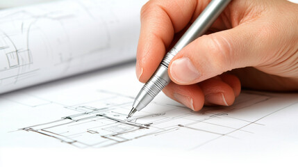 person sketching blueprint with silver pen, showcasing creativity and design