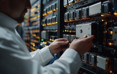 Tech expert meticulously installs a server hard drive, ensuring seamless data flow and optimal performance. A focused moment in the digital realm.