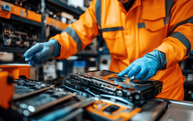 Focused technician meticulously repairs computer hard drives in a workshop. Precision and expertise shine through.