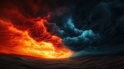 A dramatic scene of swirling clouds in vibrant hues of red and blue, creating a striking contrast that evokes a sense of intensity and mystery.
