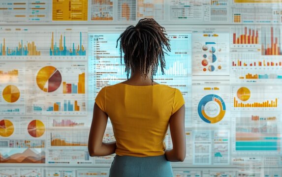 A data processing specialist meticulously reviews complex charts and graphs, immersed in a world of numbers and insights.
