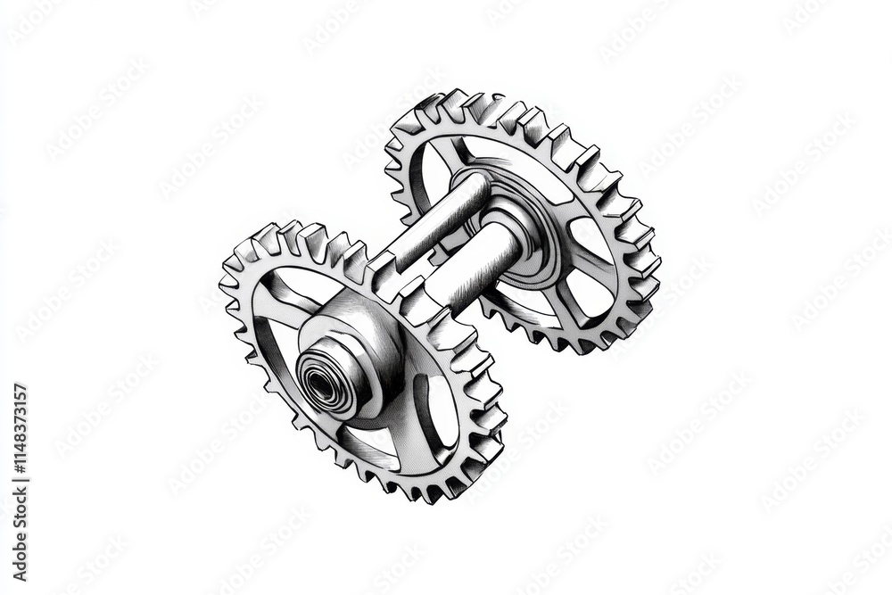 Poster a minimalist design of two interlocking gears in monochrome, with clean, bold lines on a plain white