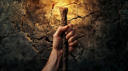 A Hand Holding a Rustic Wooden Staff in a Dimly Lit Environment with Cracked Earth and a Warm Glowing Light in the Background