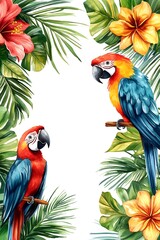 Fototapeta premium Vibrant tropical scene featuring colorful macaws and lush greenery surrounded by exotic flowers for a jungle aesthetic