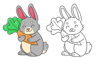 Rabbit with carrot coloring book with coloring example for kids. Coloring page with cute bunny. Black and white and color version. Vector children's illustration.