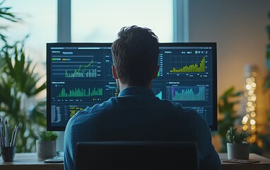 Intense focus: A data analyst meticulously reviews complex financial charts on a large screen, deeply immersed in the numbers. The glow of the screen illuminates their form.