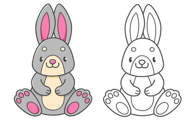 Rabbit coloring book with coloring example for kids. Coloring page with cute bunny. Black and white and color version. Vector children's illustration.